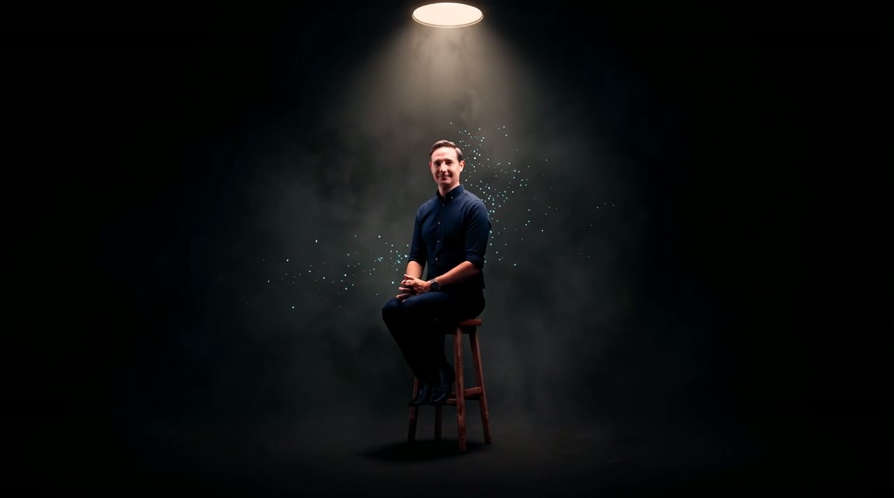 A film camera silhouette facing a glowing cyan particle figure