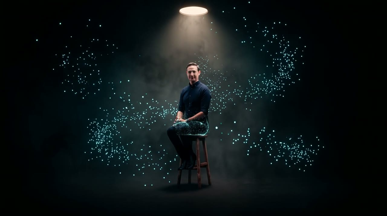 A presenter silhouette under a single key light with cyan particles