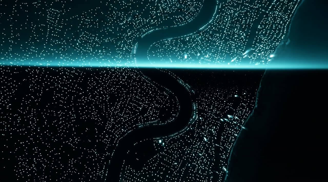 An abstract map of a coastline at night with three glowing markers