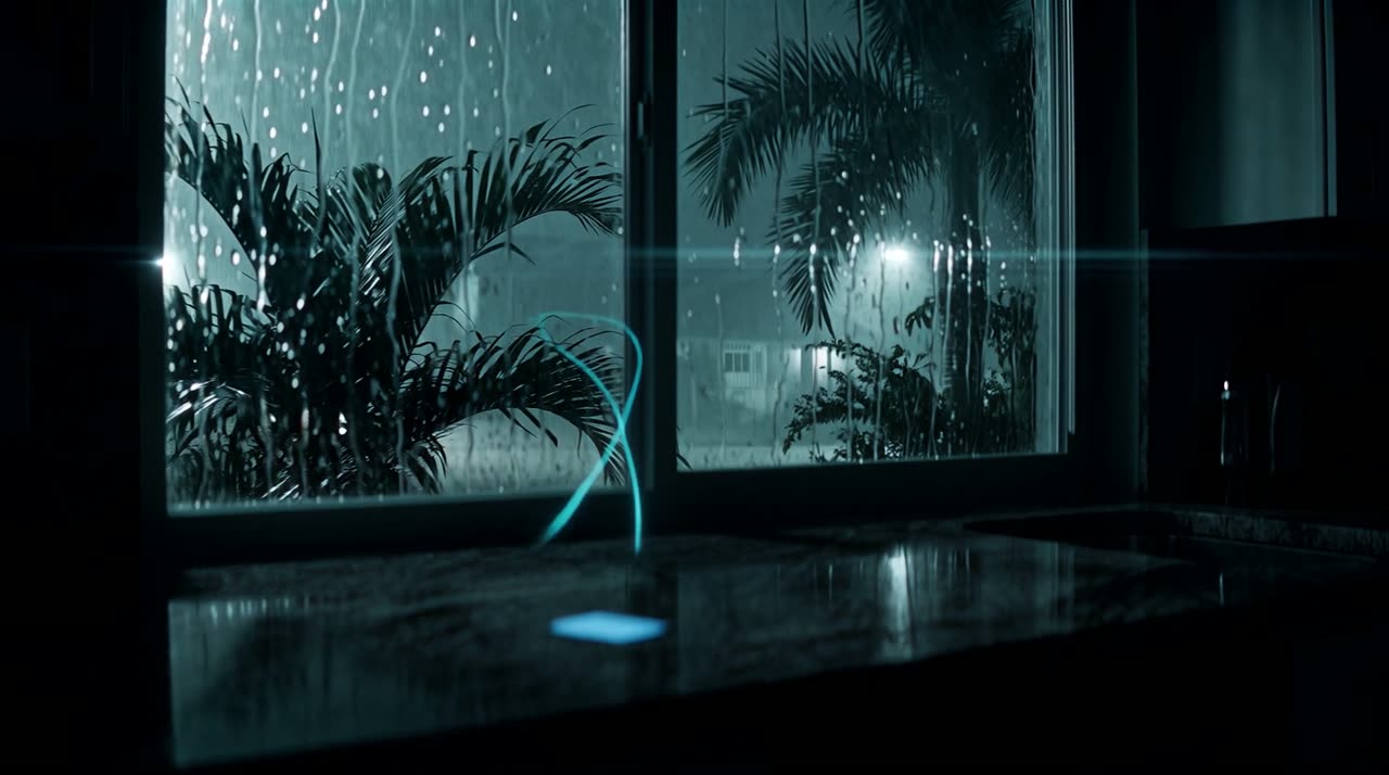 A phone glowing cyan on a dark kitchen counter