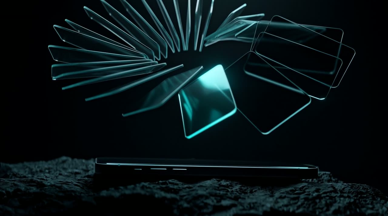 Translucent glass ad cards fanning out from a phone