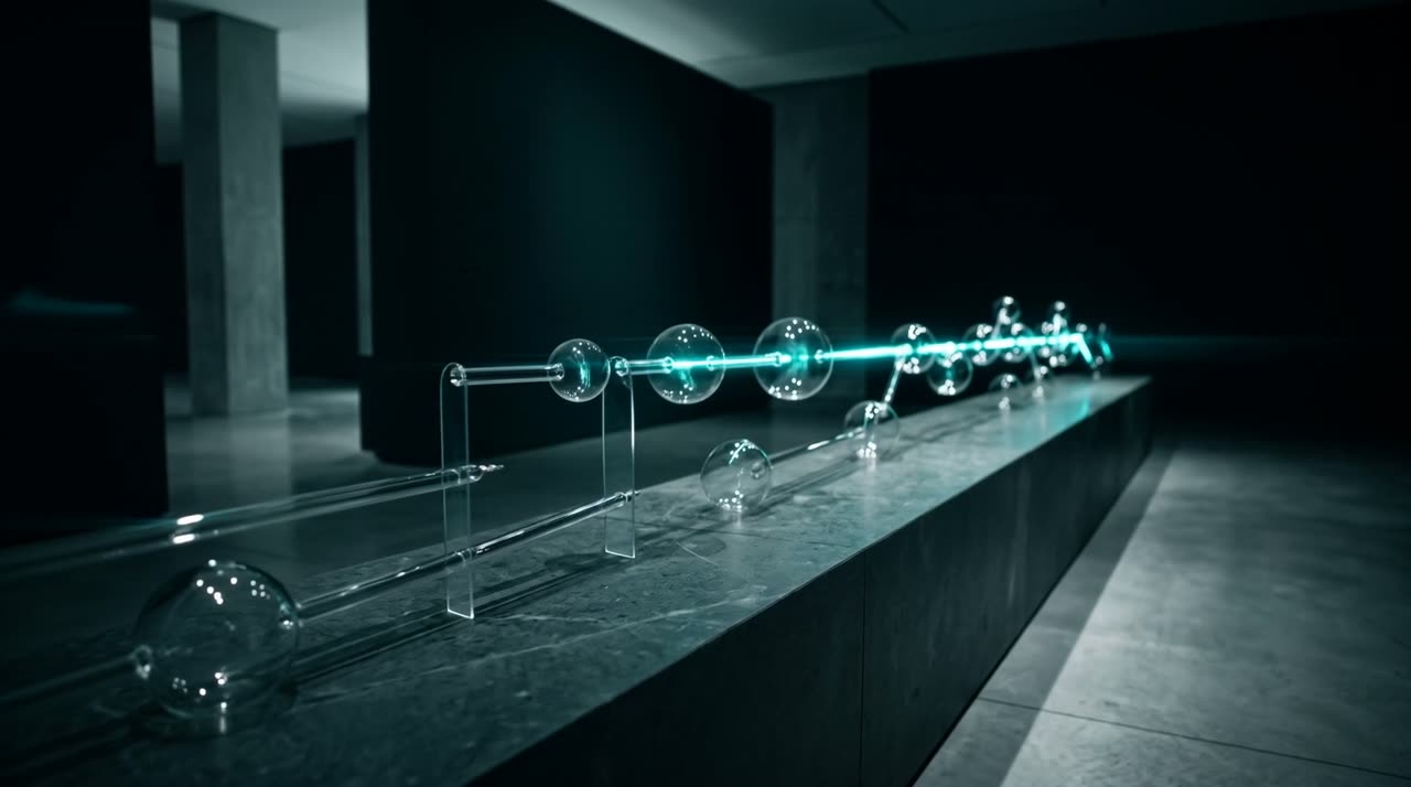 A cyan light pulse travelling through a sculpture of glass nodes
