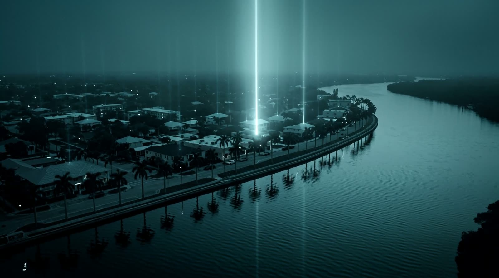 A dark site map glowing cyan, city pins connected by clean lines across a Florida coastline