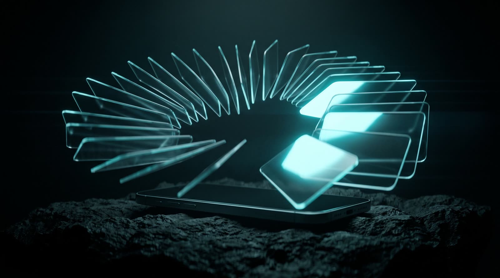 A drone-style cinematic frame of a new roof above palm trees, cyan light tracing the ridge line