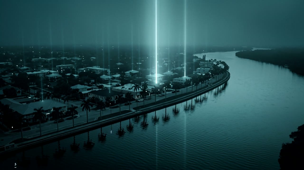 A single rooftop emitting a bright cyan beam into a teal twilight sky