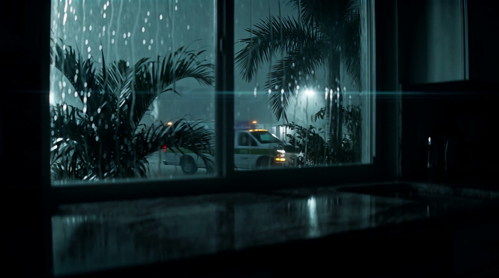 Service van parked on a wet street at night with the cab glowing faint cyan