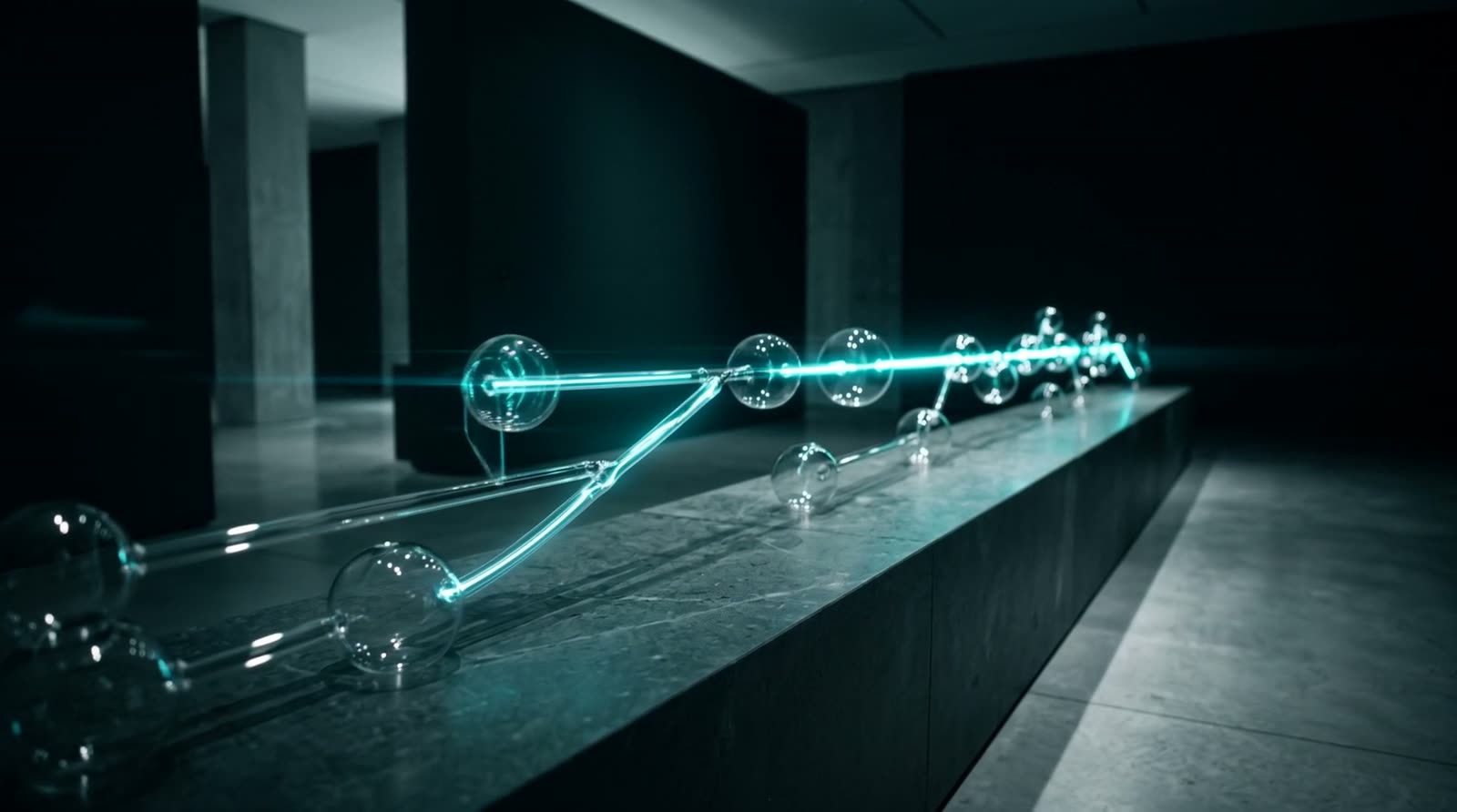 A glass junction where one cyan light stream splits into two